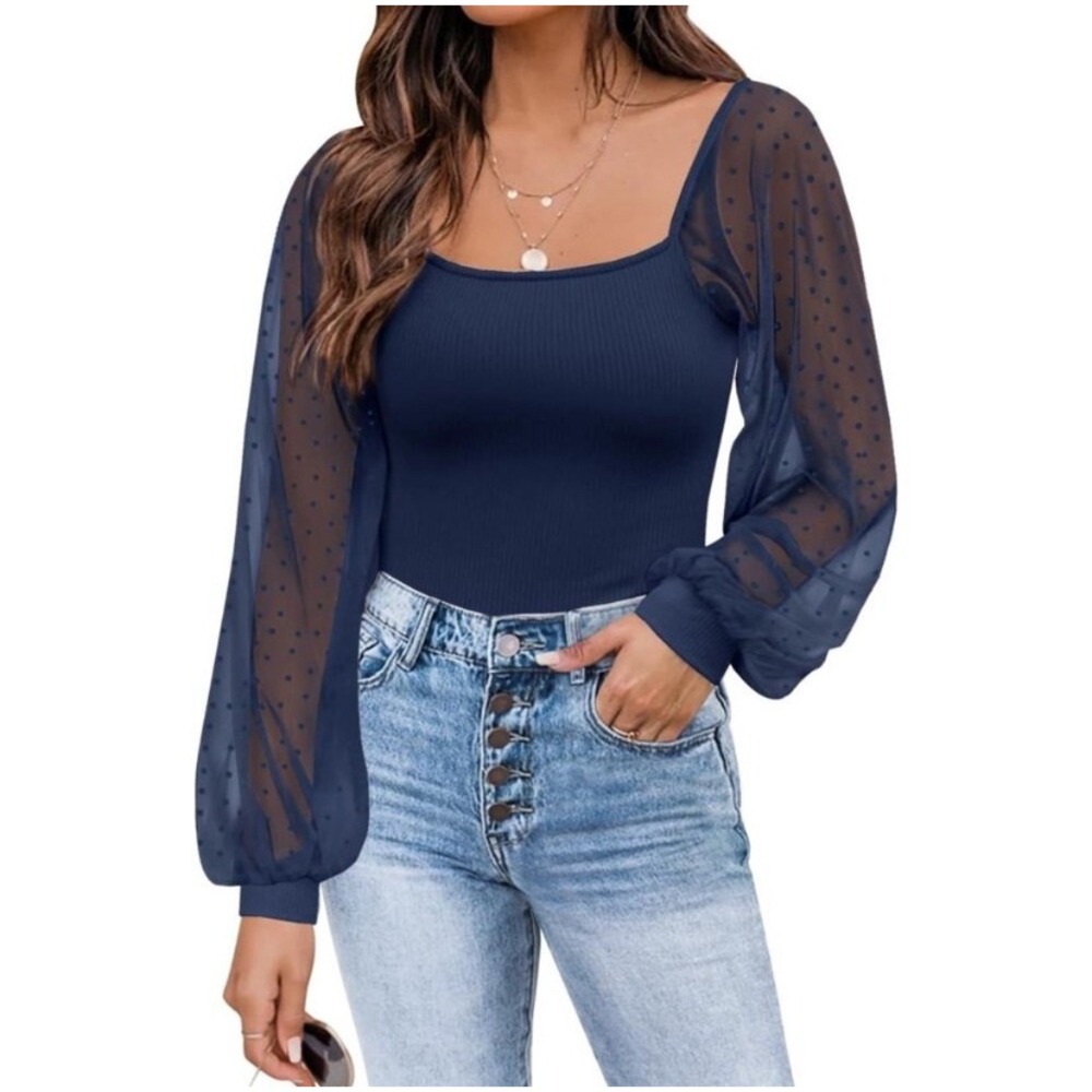 Dorose Womens M Navy Blue Ribbed Scoop Neck Top Sheer Swiss Dot Mesh Long Sleeve